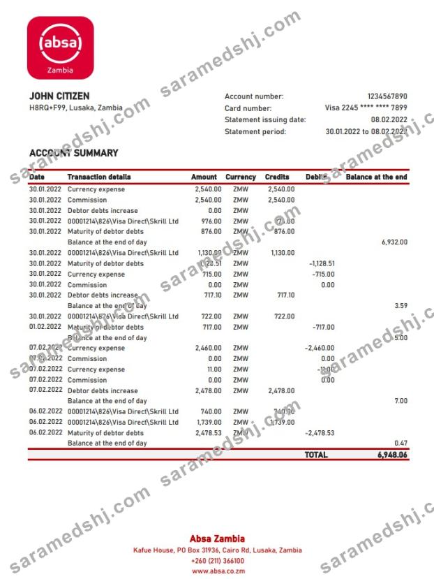 Zambia Absa bank statement